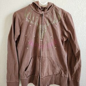Vintage Y2K Mossy Oak Womens Brown Zip Up Hoodie Rhinestone Pink M Indie Sleeze